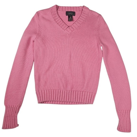 Lauren Ralph Lauren Sweaters - Lauren Ralph Lauren Cotton Knit V-Neck Sweater Pink Petite Size P/P